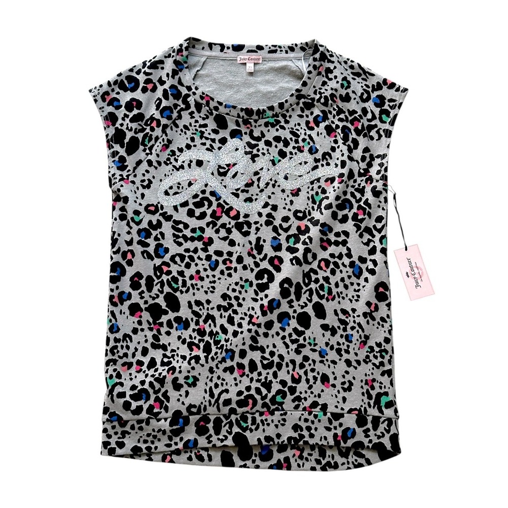 Juicy Couture Oversized Sleeveless Top XS Silver Gray Leopard Love Glitter Y2K